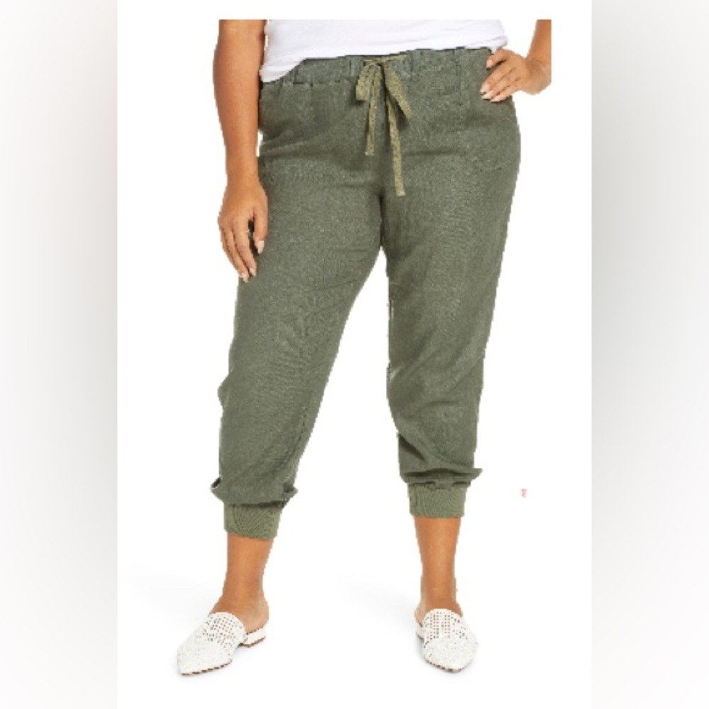 Caslon Drawstring Linen Joggers Women’s 18W (Plus Size) Green Beetle Color NWT
